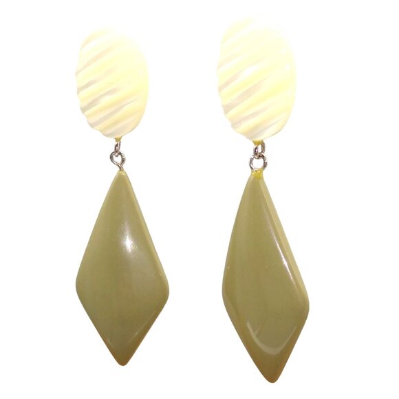 Vintage Mod Dangle Stud Earrings, Green Drop from Textured Moonglow Lucite Pearl - Picture 1 of 4